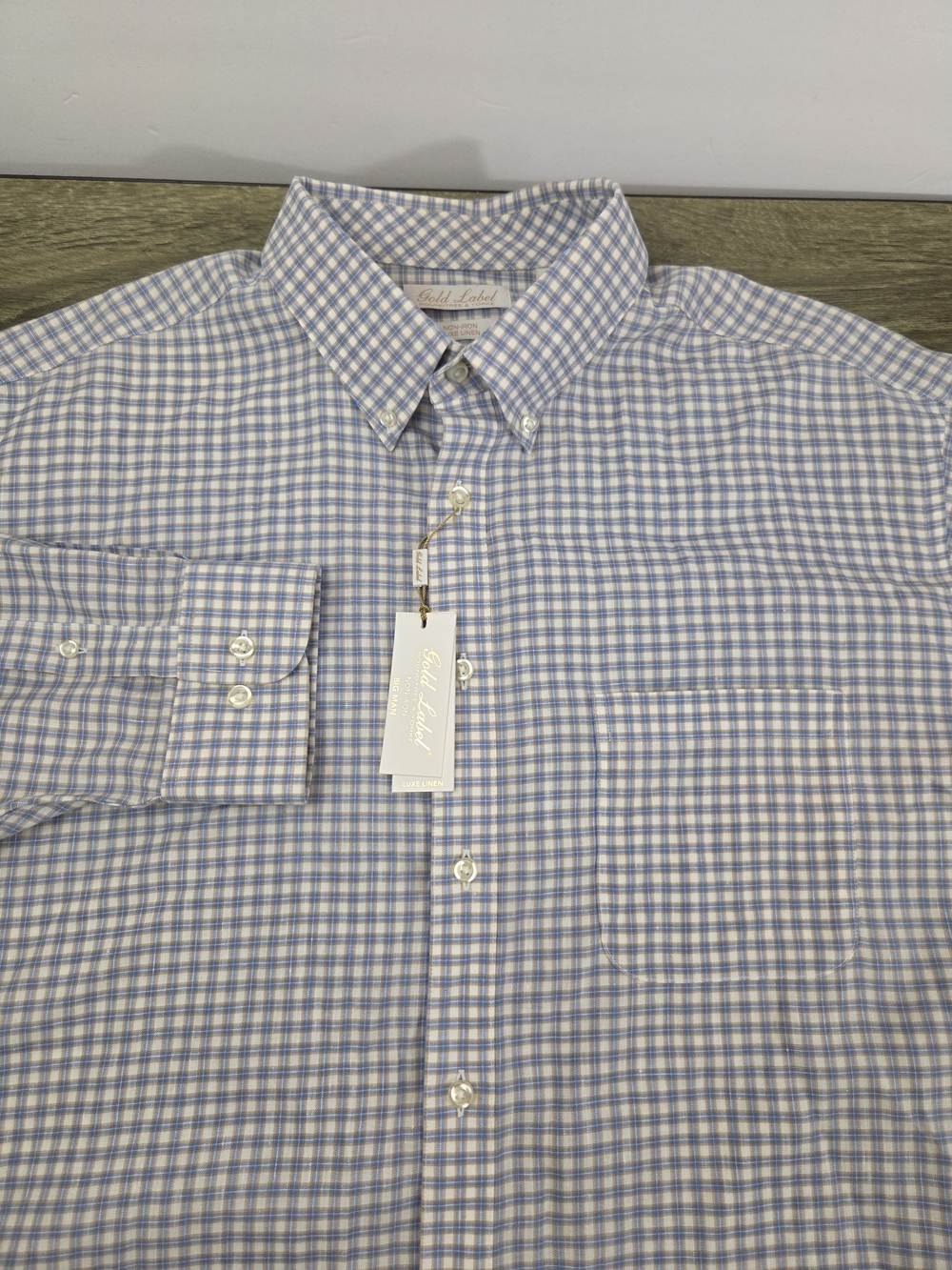 Roundtree & Yorke Gold Label Linen Shirt Men's 2XB Big Blue Plaid Non-Iron NEW